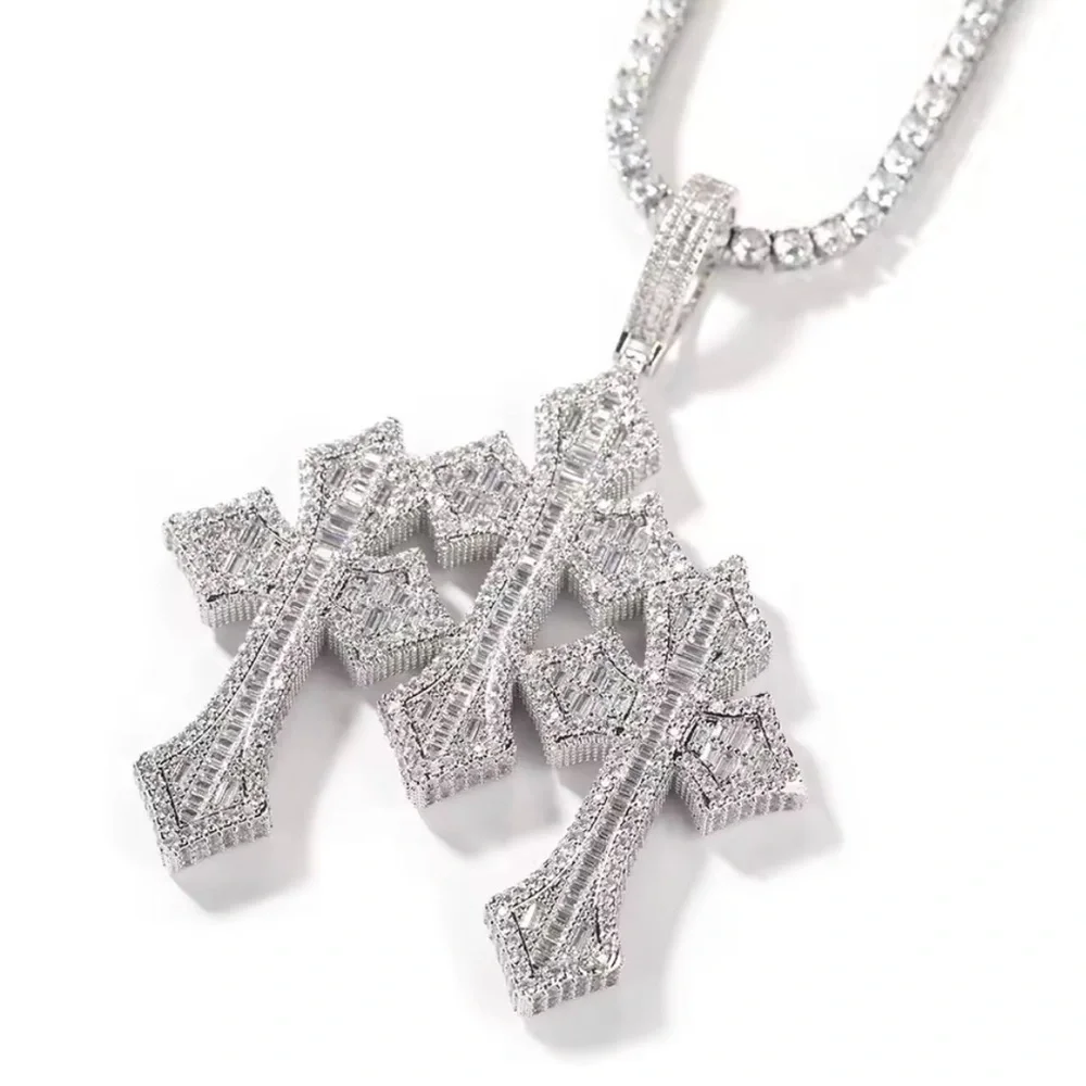 Silver Cross Trio Pendant tennis Necklace for Men 20inch